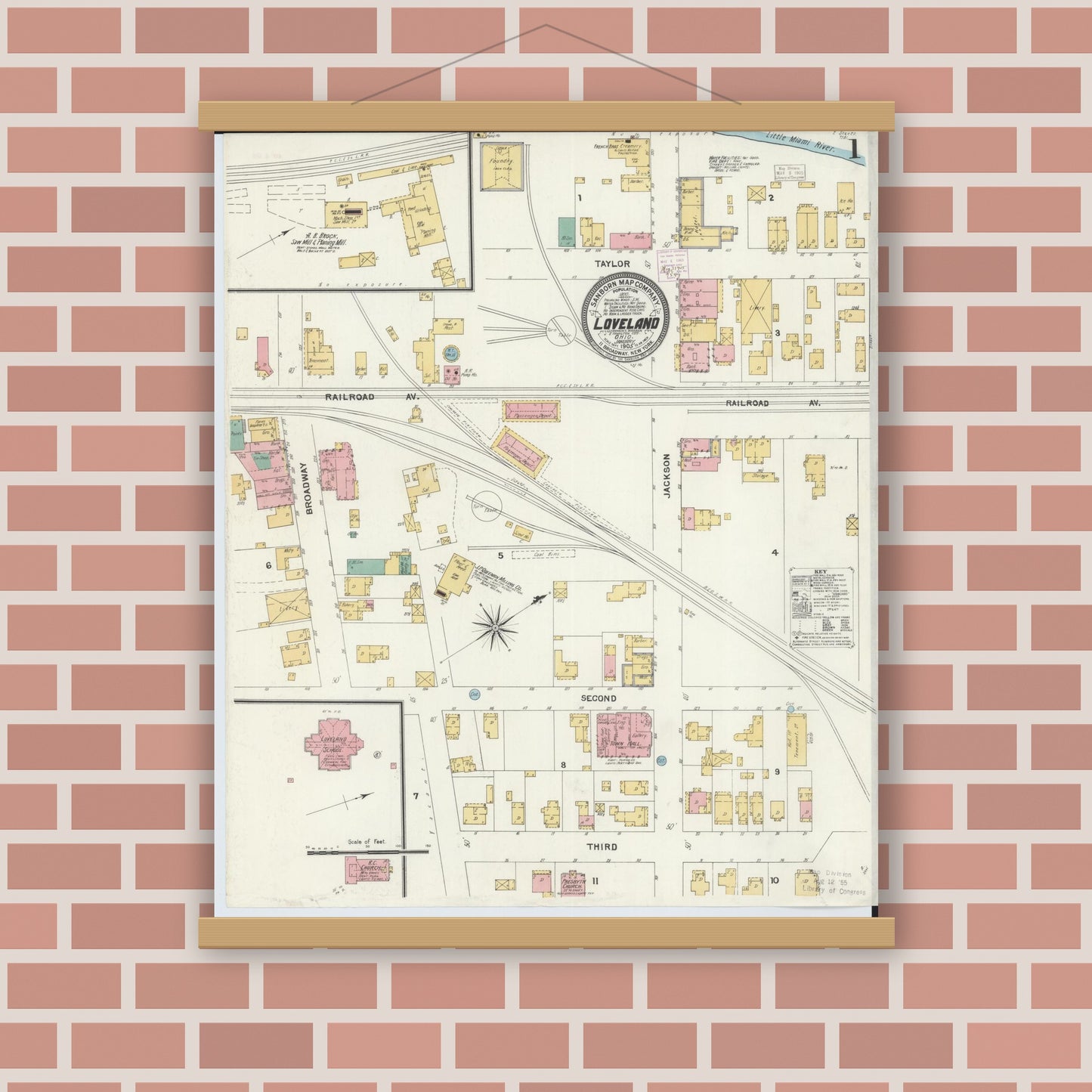 Old map wall art mockup — magnetic wood frame on brick wall — Sanborn Fire Insurance Map from Loveland, Clermont, Hamilton, And Warren County, Ohio (1905), Sheet #0001