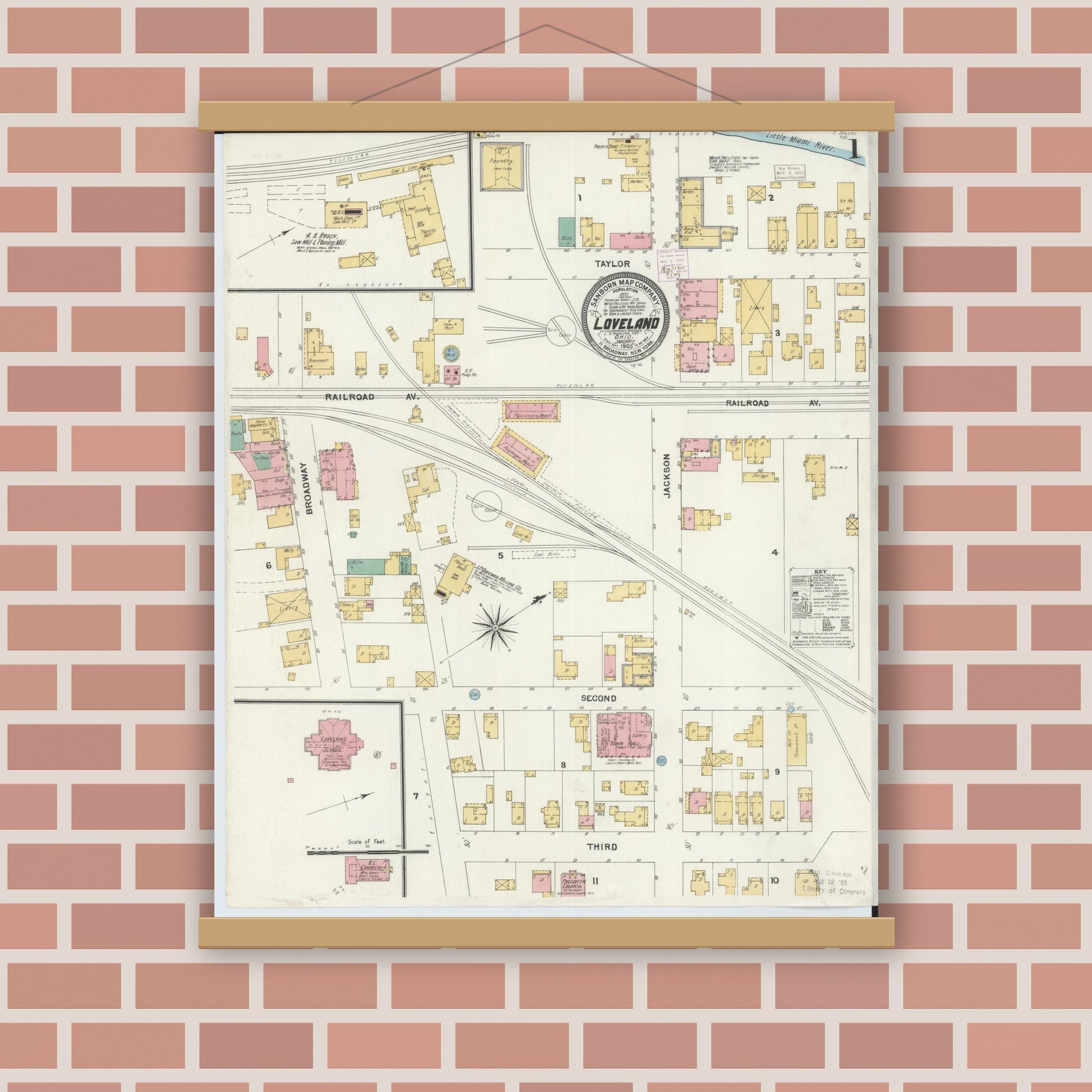 Old map wall art mockup — magnetic wood frame on brick wall — Sanborn Fire Insurance Map from Loveland, Clermont, Hamilton, And Warren County, Ohio (1905), Sheet #0001