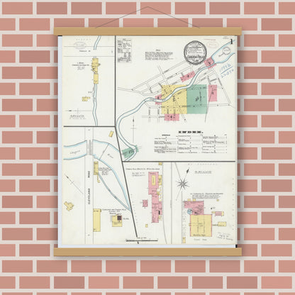Old map wall art mockup — magnetic wood frame on brick wall — Sanborn Fire Insurance Map from Chagrin Falls, Cuyahoga County, Ohio (1899), Sheet #0001