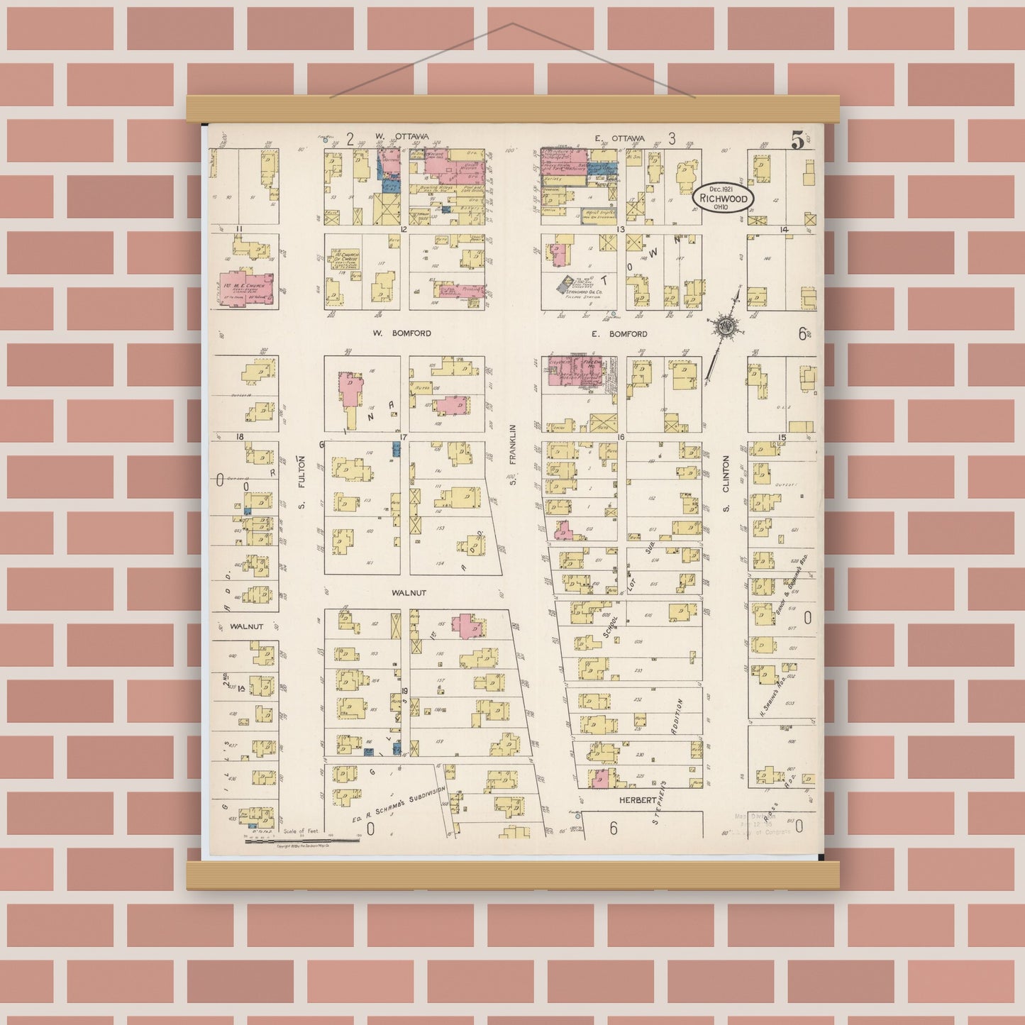 Old map wall art mockup — magnetic wood frame on brick wall — Sanborn Fire Insurance Map from Richwood, Union County, Ohio (1921), Sheet #0005