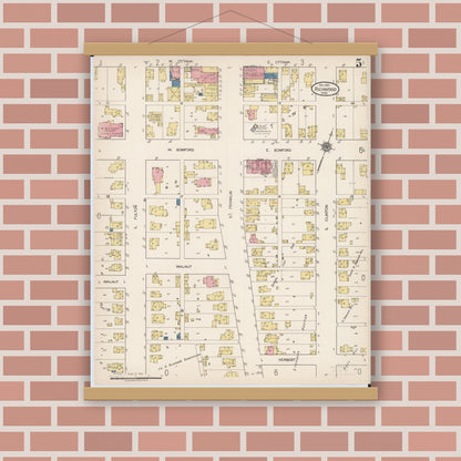 Old map wall art mockup — magnetic wood frame on brick wall — Sanborn Fire Insurance Map from Richwood, Union County, Ohio (1921), Sheet #0005