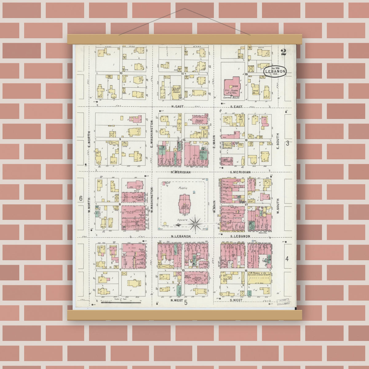 Old map wall art mockup — magnetic wood frame on brick wall — Sanborn Fire Insurance Map from Lebanon, Boone County, Indiana (1896), Sheet #0002