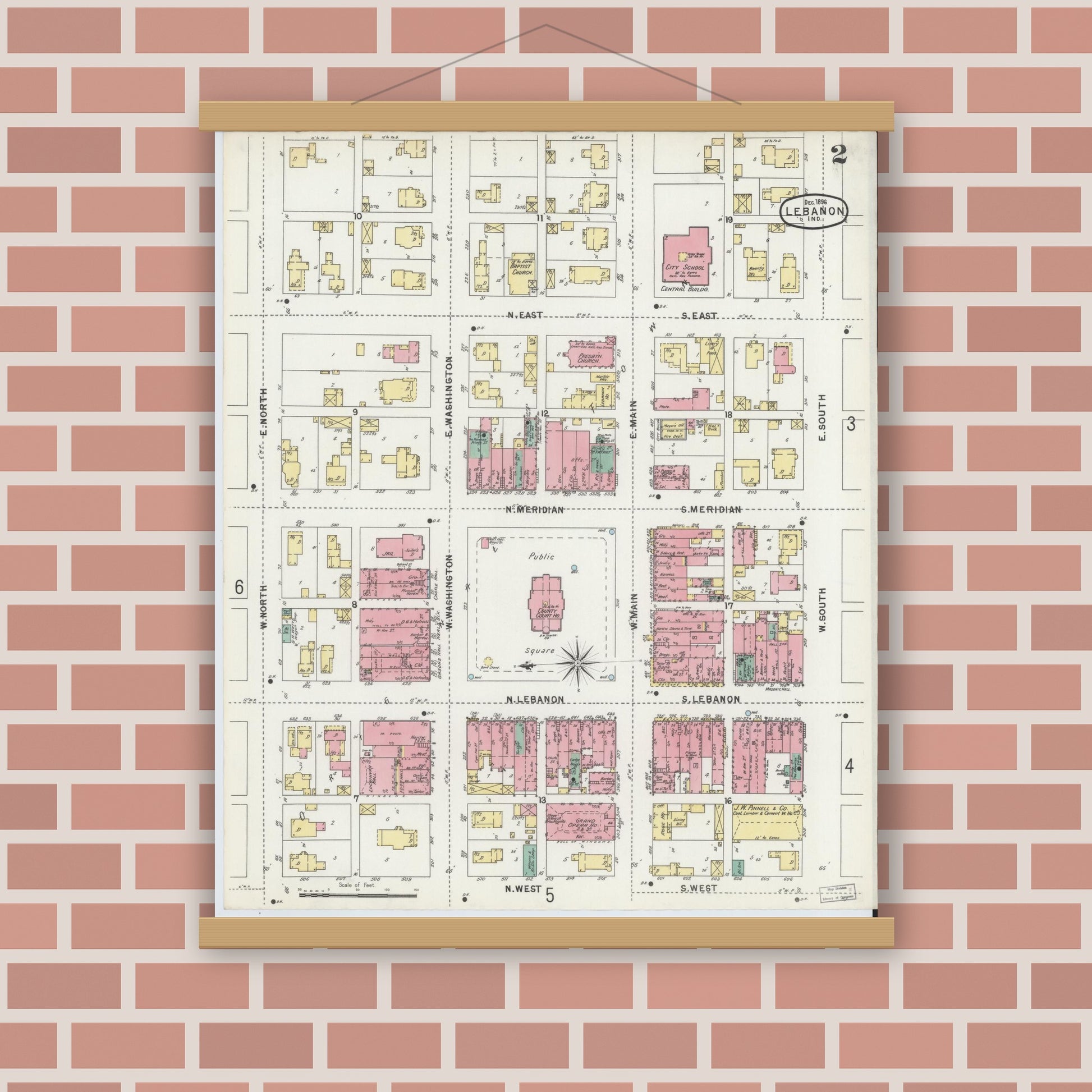 Old map wall art mockup — magnetic wood frame on brick wall — Sanborn Fire Insurance Map from Lebanon, Boone County, Indiana (1896), Sheet #0002