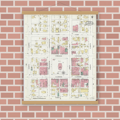 Old map wall art mockup — magnetic wood frame on brick wall — Sanborn Fire Insurance Map from Lebanon, Boone County, Indiana (1896), Sheet #0002