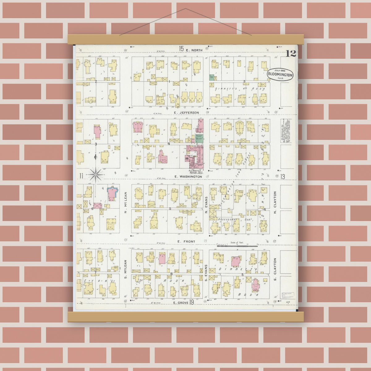 Old map wall art mockup — magnetic wood frame on brick wall — Sanborn Fire Insurance Map from Bloomington, McLean County, Illinois (1896), Sheet #0012