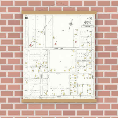 Old map wall art mockup — magnetic wood frame on brick wall — Sanborn Fire Insurance Map from Taylor, Williamson County, Texas (1923), Sheet #0010
