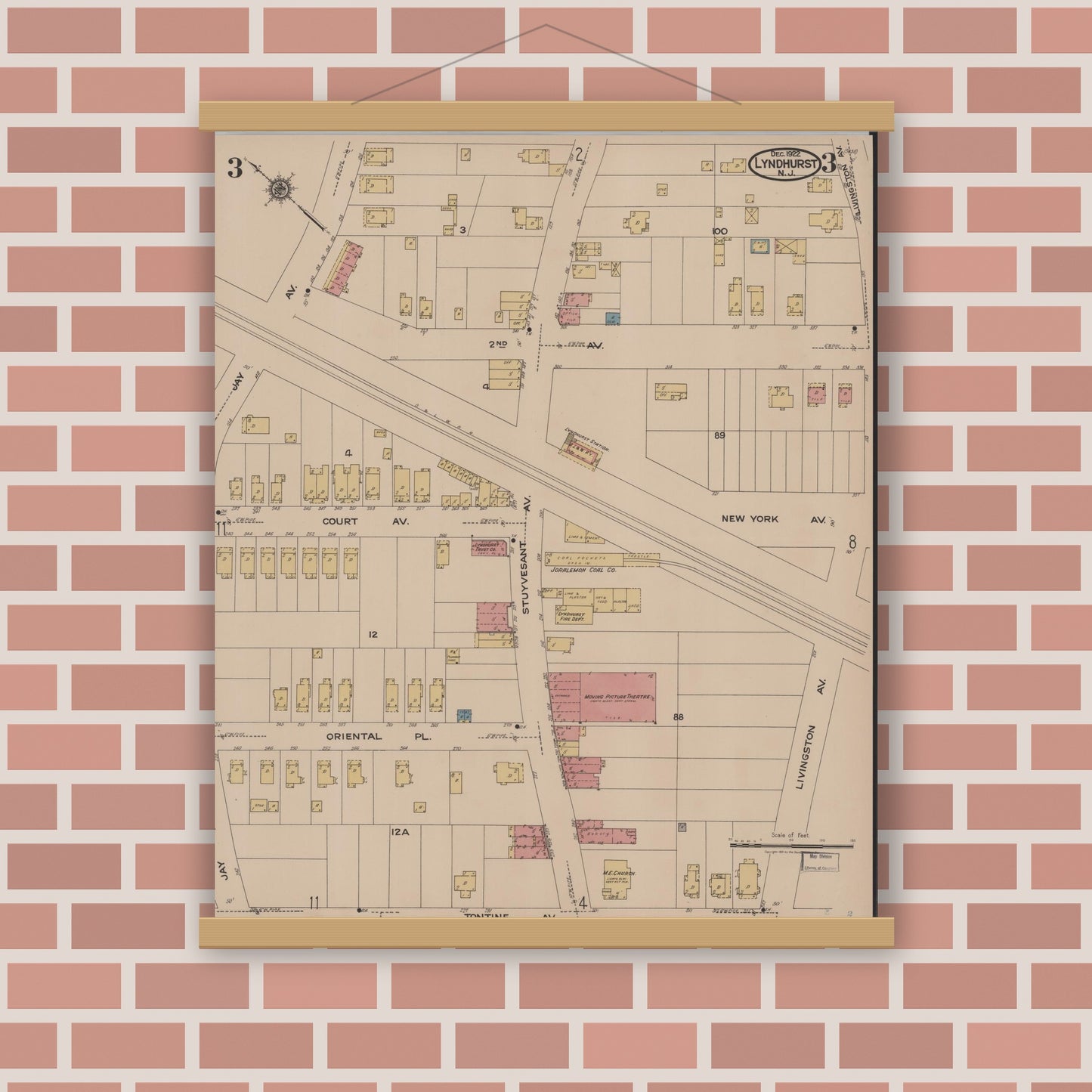 Old map wall art mockup — magnetic wood frame on brick wall — Sanborn Fire Insurance Map from Lyndhurst, Bergen County, New Jersey (1922), Sheet #0003