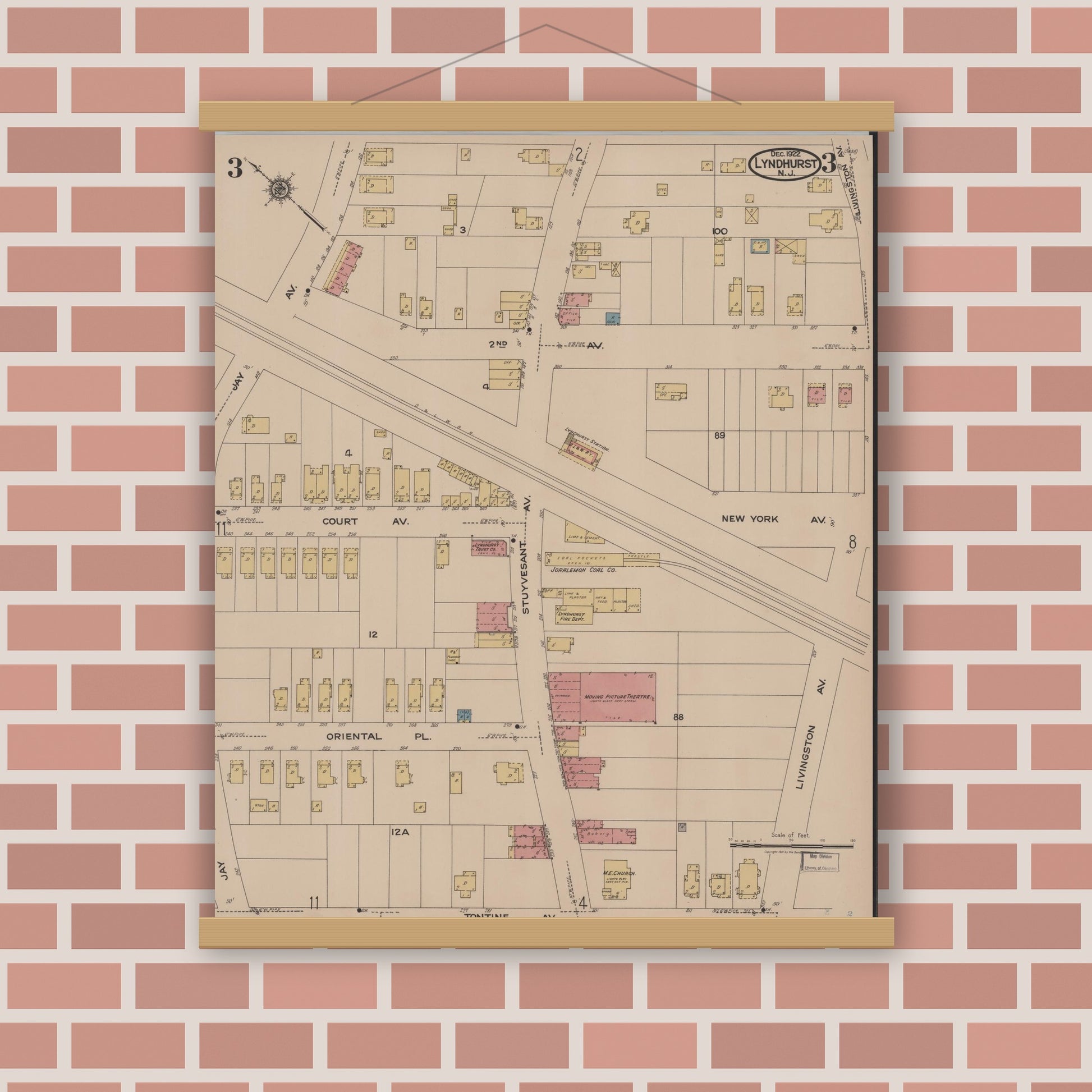 Old map wall art mockup — magnetic wood frame on brick wall — Sanborn Fire Insurance Map from Lyndhurst, Bergen County, New Jersey (1922), Sheet #0003