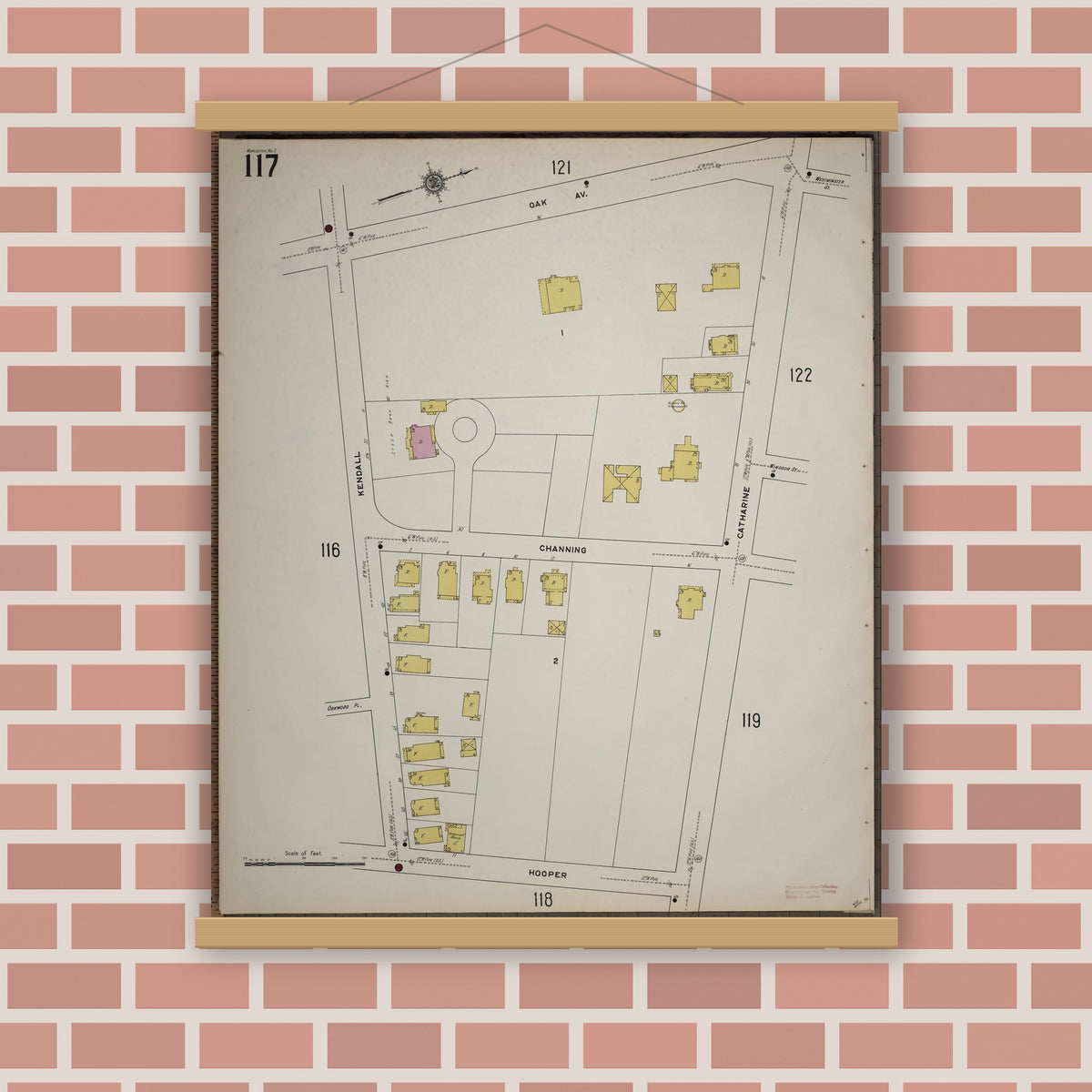 Old map wall art mockup — magnetic wood frame on brick wall — Sanborn Fire Insurance Map from Worcester, Worcester County, Massachusetts (1910), Sheet #0117