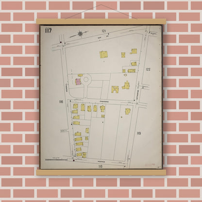 Old map wall art mockup — magnetic wood frame on brick wall — Sanborn Fire Insurance Map from Worcester, Worcester County, Massachusetts (1910), Sheet #0117