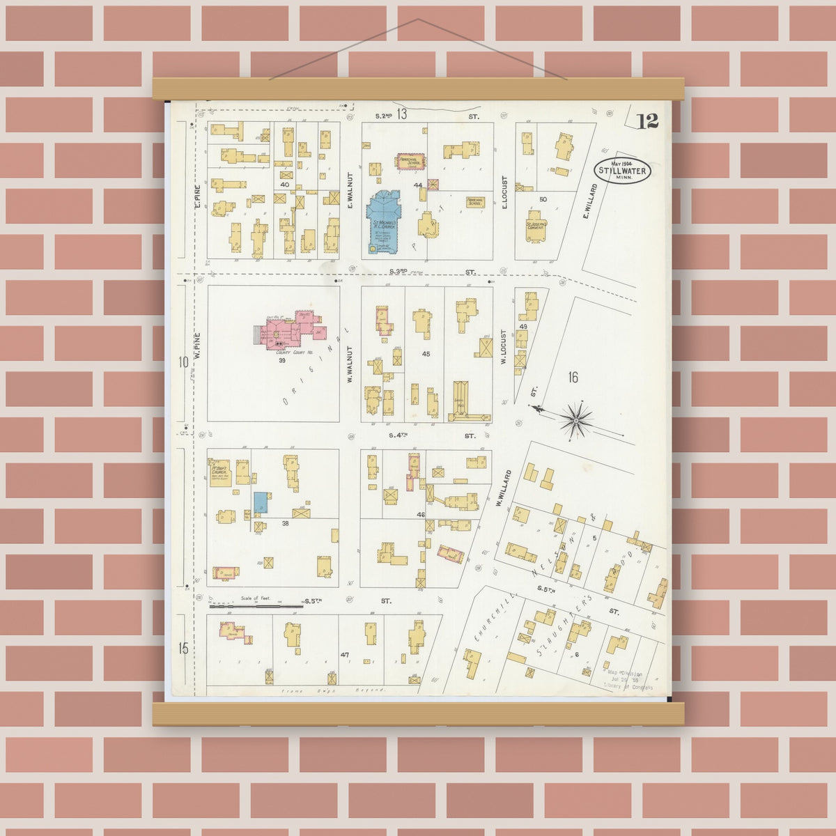 Old map wall art mockup — magnetic wood frame on brick wall — Sanborn Fire Insurance Map from Stillwater, Washington County, Minnesota (1904), Sheet #0012