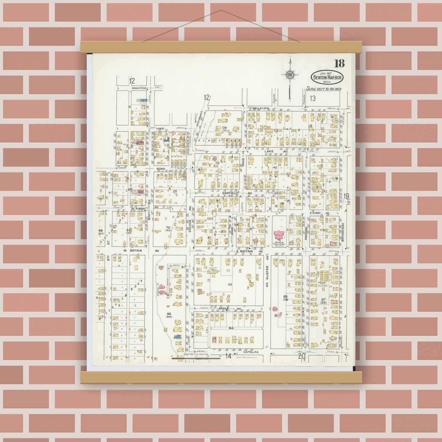Old map wall art mockup — magnetic wood frame on brick wall — Sanborn Fire Insurance Map from Benton Harbor, Berrien County, Michigan (1917), Sheet #0018