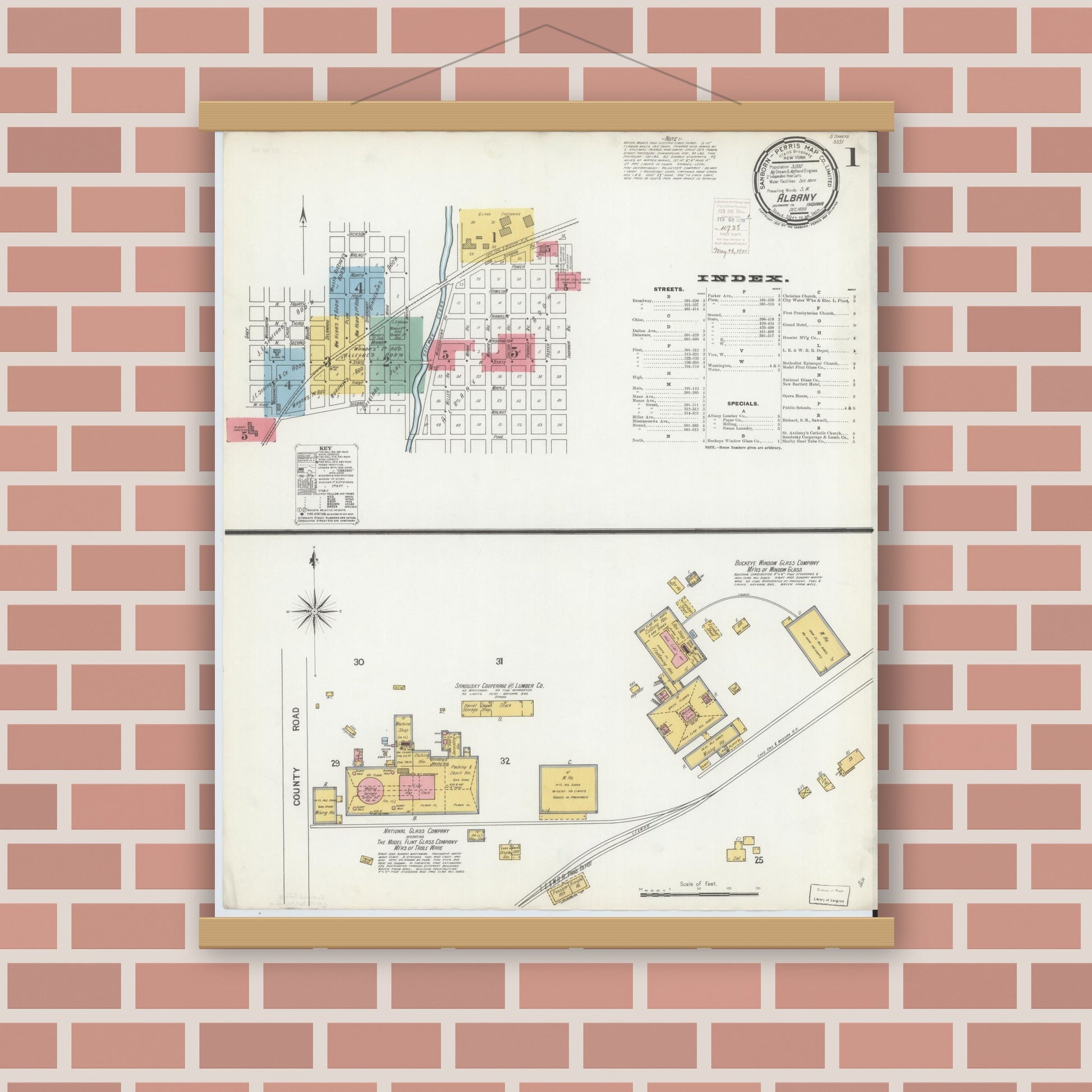 Old map wall art mockup — magnetic wood frame on brick wall — Sanborn Fire Insurance Map from Albany, Delaware County, Indiana (1899) - Complete Map Set