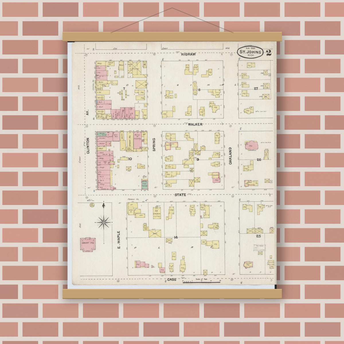 Old map wall art mockup — magnetic wood frame on brick wall — Sanborn Fire Insurance Map from Saint Johns, Clinton County, Michigan (1890), Sheet #0002