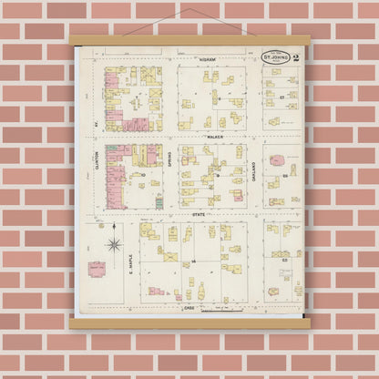 Old map wall art mockup — magnetic wood frame on brick wall — Sanborn Fire Insurance Map from Saint Johns, Clinton County, Michigan (1890), Sheet #0002