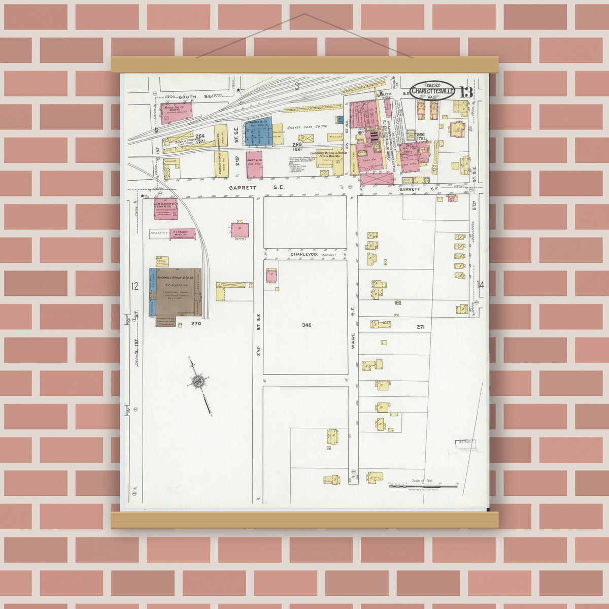 Old map wall art mockup — magnetic wood frame on brick wall — Sanborn Fire Insurance Map from Charlottesville, Independent Cities, Virginia (1920), Sheet #0013