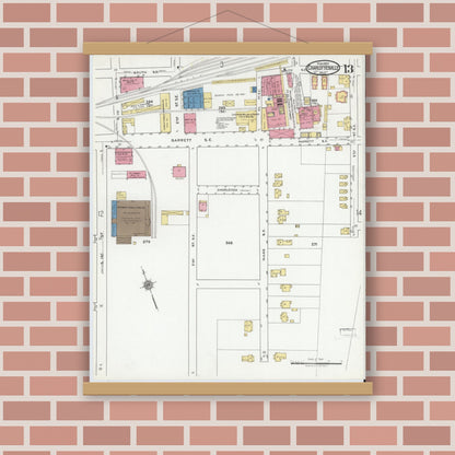 Old map wall art mockup — magnetic wood frame on brick wall — Sanborn Fire Insurance Map from Charlottesville, Independent Cities, Virginia (1920), Sheet #0013