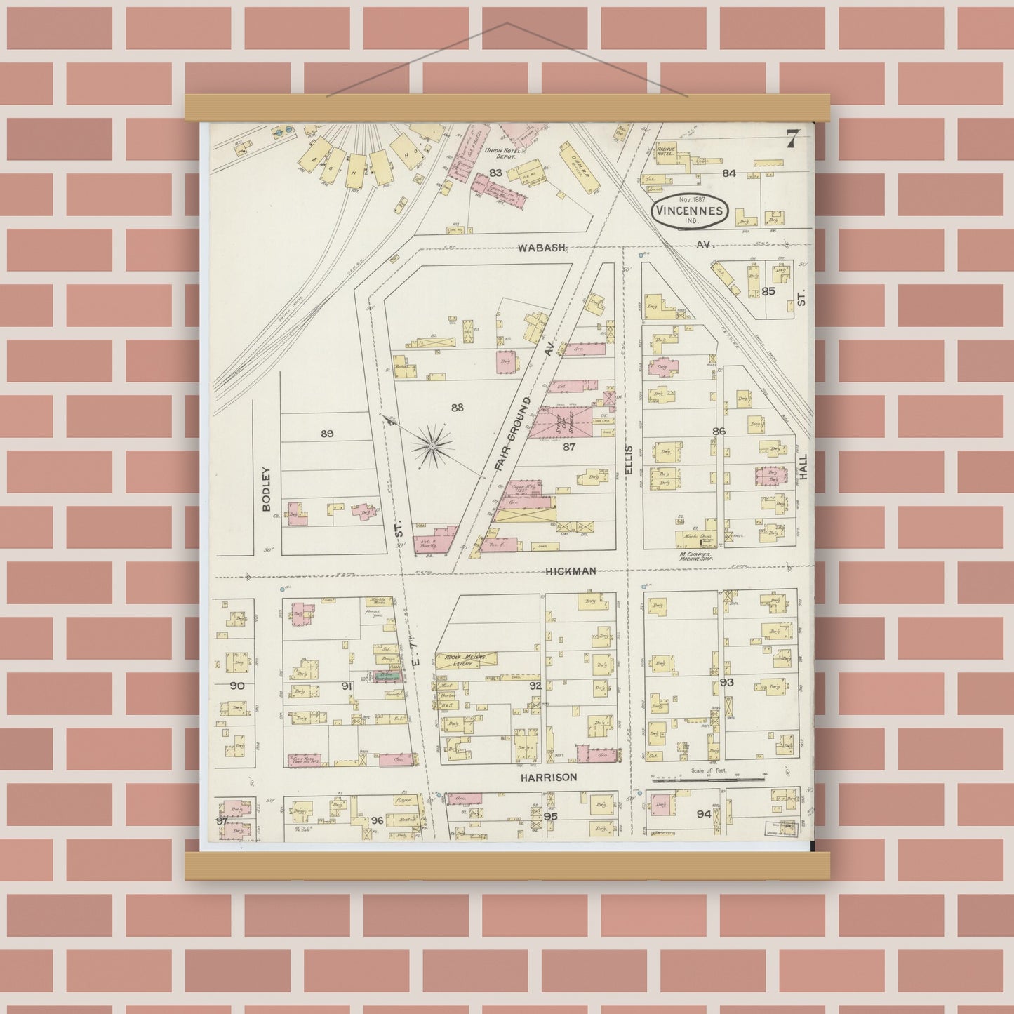 Old map wall art mockup — magnetic wood frame on brick wall — Sanborn Fire Insurance Map from Vincennes, Knox County, Indiana (1887), Sheet #0007