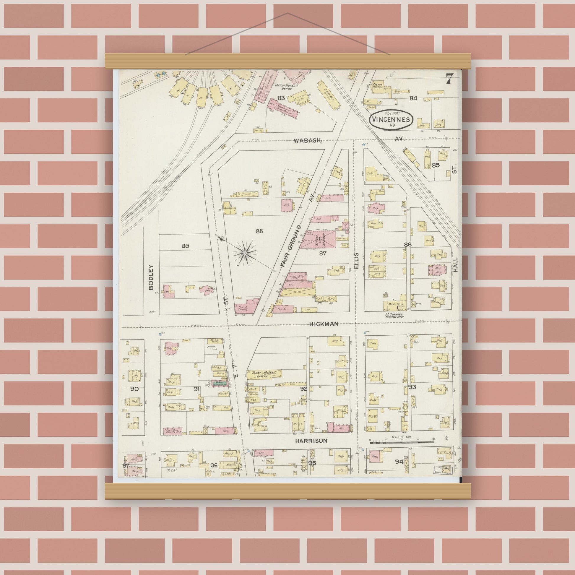 Old map wall art mockup — magnetic wood frame on brick wall — Sanborn Fire Insurance Map from Vincennes, Knox County, Indiana (1887), Sheet #0007
