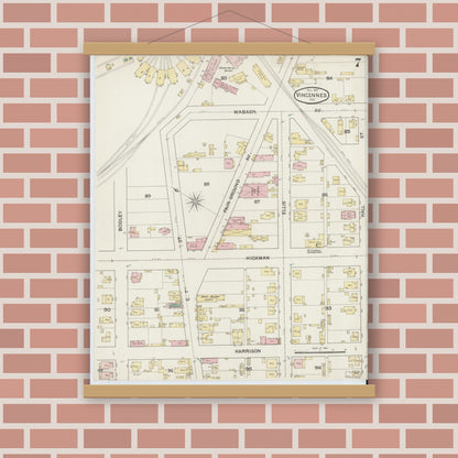 Old map wall art mockup — magnetic wood frame on brick wall — Sanborn Fire Insurance Map from Vincennes, Knox County, Indiana (1887), Sheet #0007