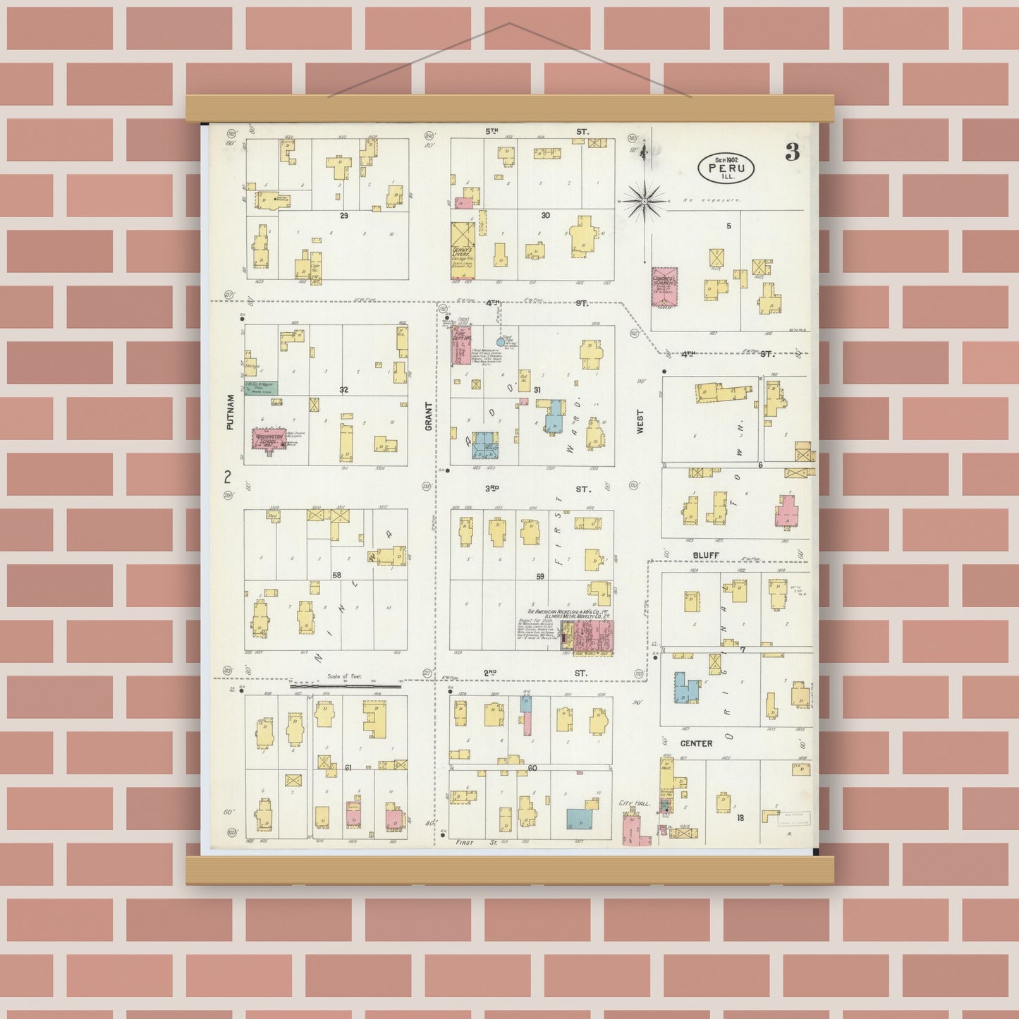 Old map wall art mockup — magnetic wood frame on brick wall — Sanborn Fire Insurance Map from Peru, La Salle County, Illinois (1902), Sheet #0003