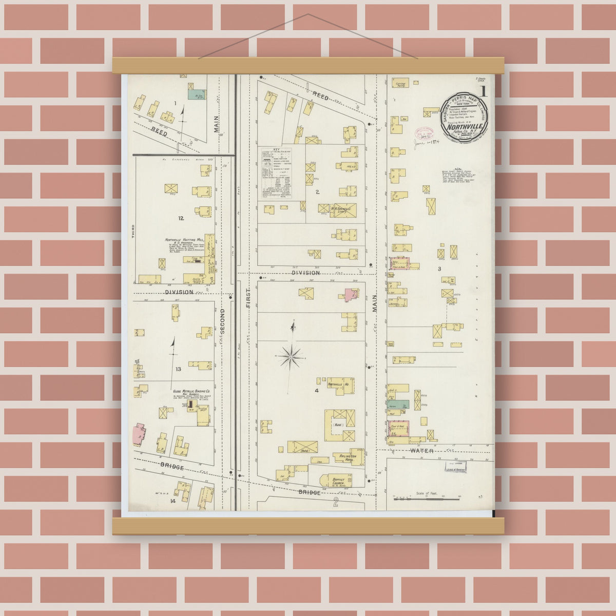Old map wall art mockup — magnetic wood frame on brick wall — Sanborn Fire Insurance Map from Northville, Fulton County, New York (1894) - Complete Map Set