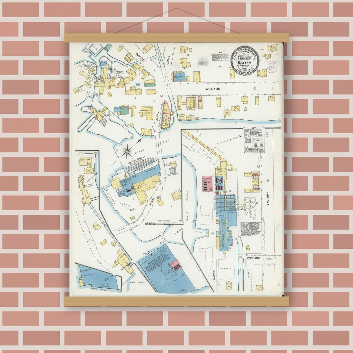 Old map wall art mockup — magnetic wood frame on brick wall — Sanborn Fire Insurance Map from Dexter, Jefferson County, New York (1906), Sheet #0001