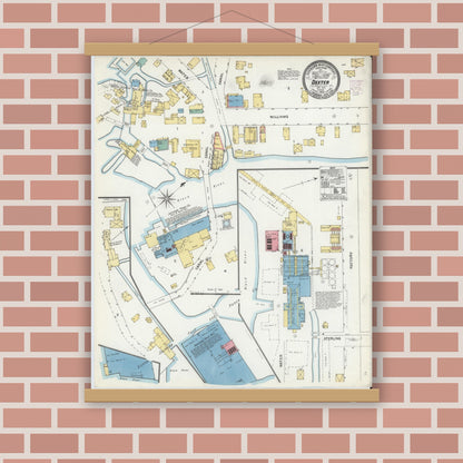 Old map wall art mockup — magnetic wood frame on brick wall — Sanborn Fire Insurance Map from Dexter, Jefferson County, New York (1906), Sheet #0001