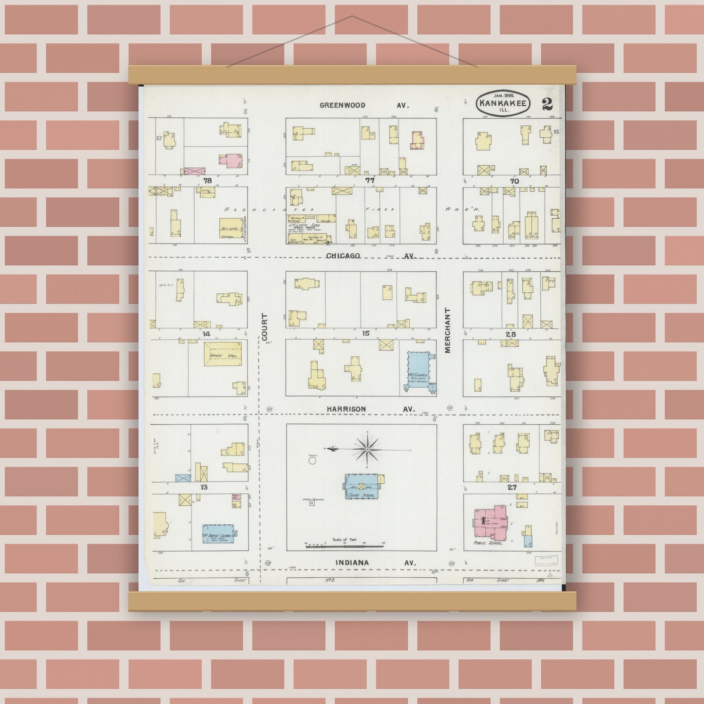 Old map wall art mockup — magnetic wood frame on brick wall — Sanborn Fire Insurance Map from Kankakee, Kankakee County, Illinois (1892), Sheet #0002