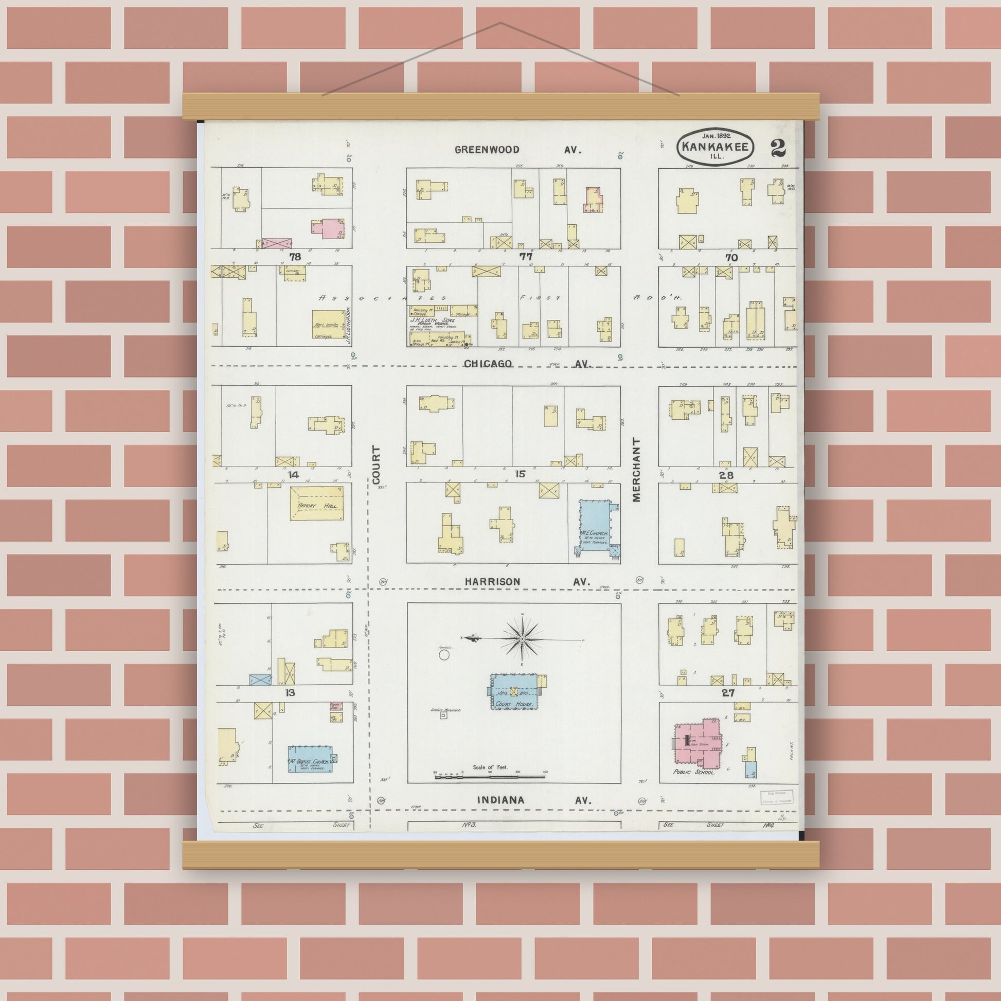 Old map wall art mockup — magnetic wood frame on brick wall — Sanborn Fire Insurance Map from Kankakee, Kankakee County, Illinois (1892), Sheet #0002