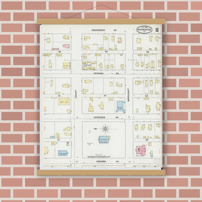 Old map wall art mockup — magnetic wood frame on brick wall — Sanborn Fire Insurance Map from Kankakee, Kankakee County, Illinois (1892), Sheet #0002