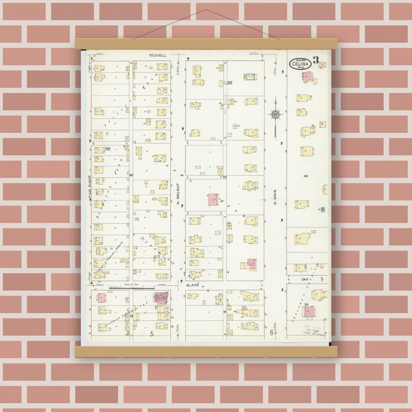 Old map wall art mockup — magnetic wood frame on brick wall — Sanborn Fire Insurance Map from Celina, Mercer County, Ohio (1914), Sheet #0003
