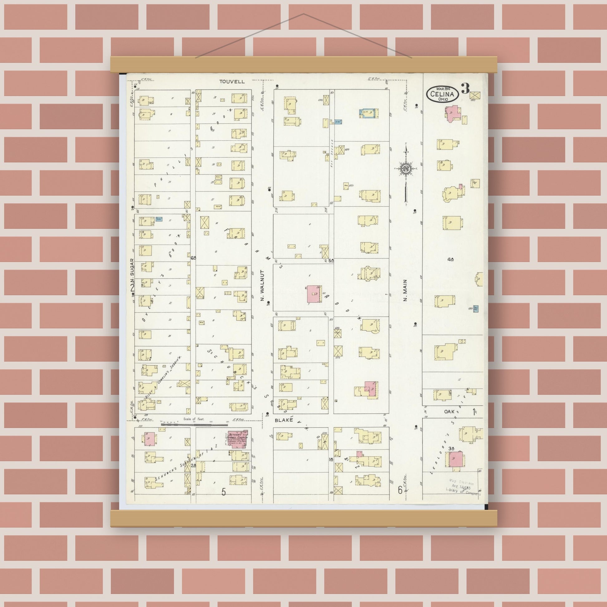 Old map wall art mockup — magnetic wood frame on brick wall — Sanborn Fire Insurance Map from Celina, Mercer County, Ohio (1914), Sheet #0003