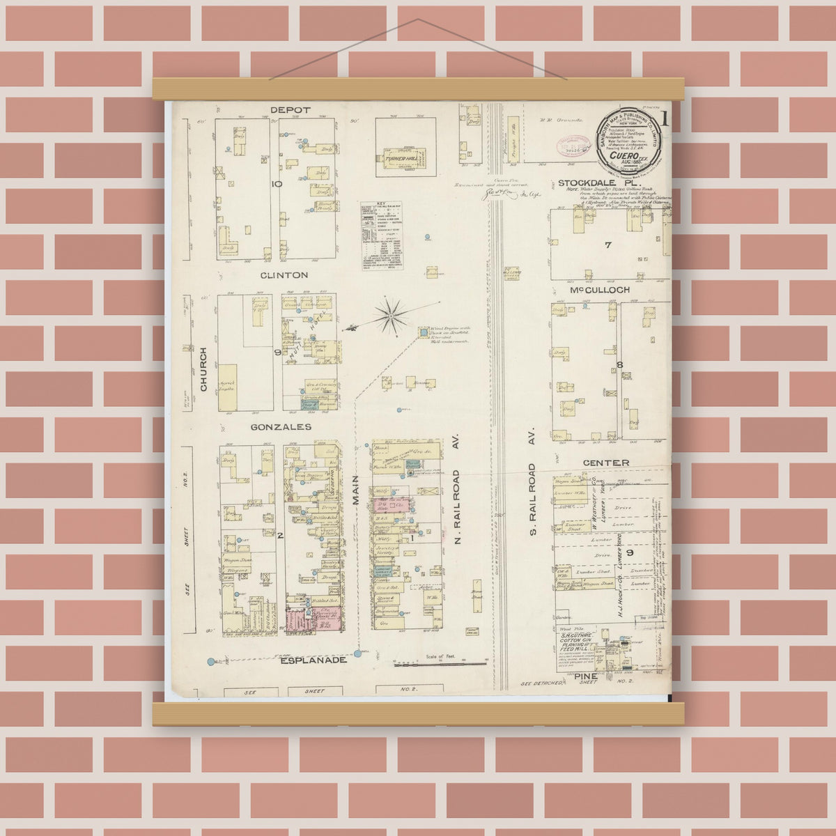 Old map wall art mockup — magnetic wood frame on brick wall — Sanborn Fire Insurance Map from Cuero, De Witt County, Texas (1885) - Complete Map Set