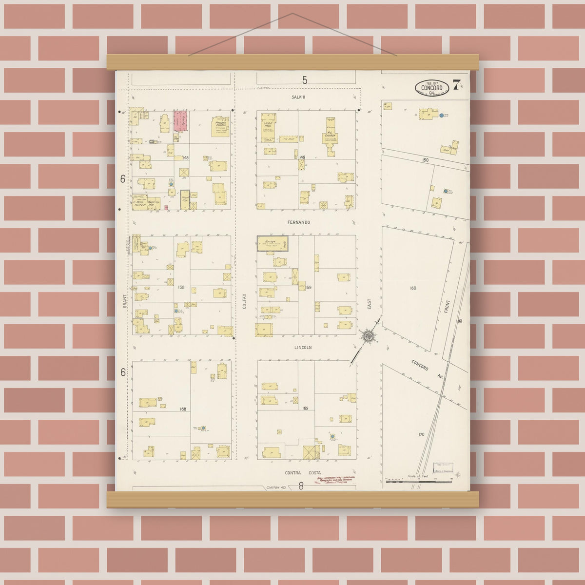 Old map wall art mockup — magnetic wood frame on brick wall — Sanborn Fire Insurance Map from Concord, Contra Costa County, California (1917), Sheet #0007