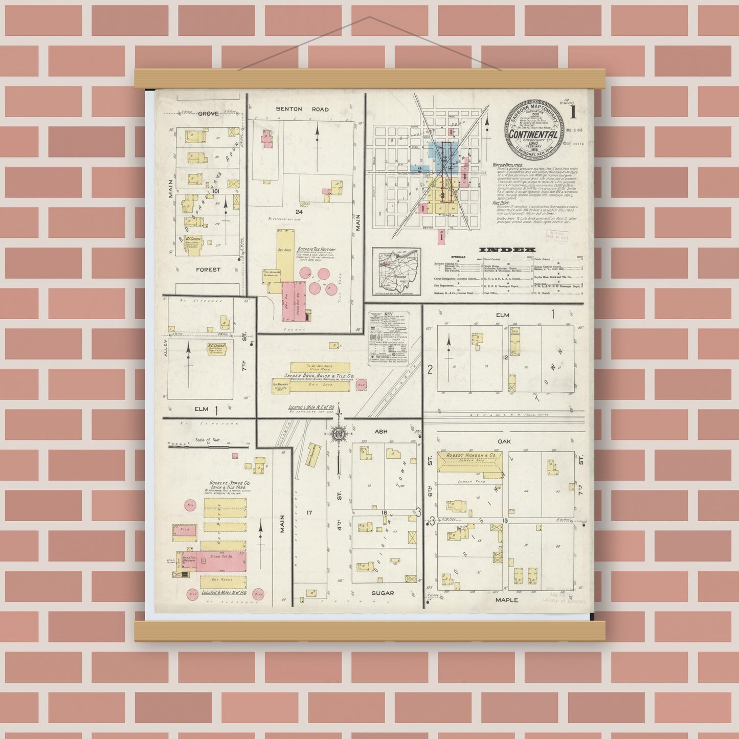Old map wall art mockup — magnetic wood frame on brick wall — Sanborn Fire Insurance Map from Continental, Putnam County, Ohio (1915), Sheet #0001