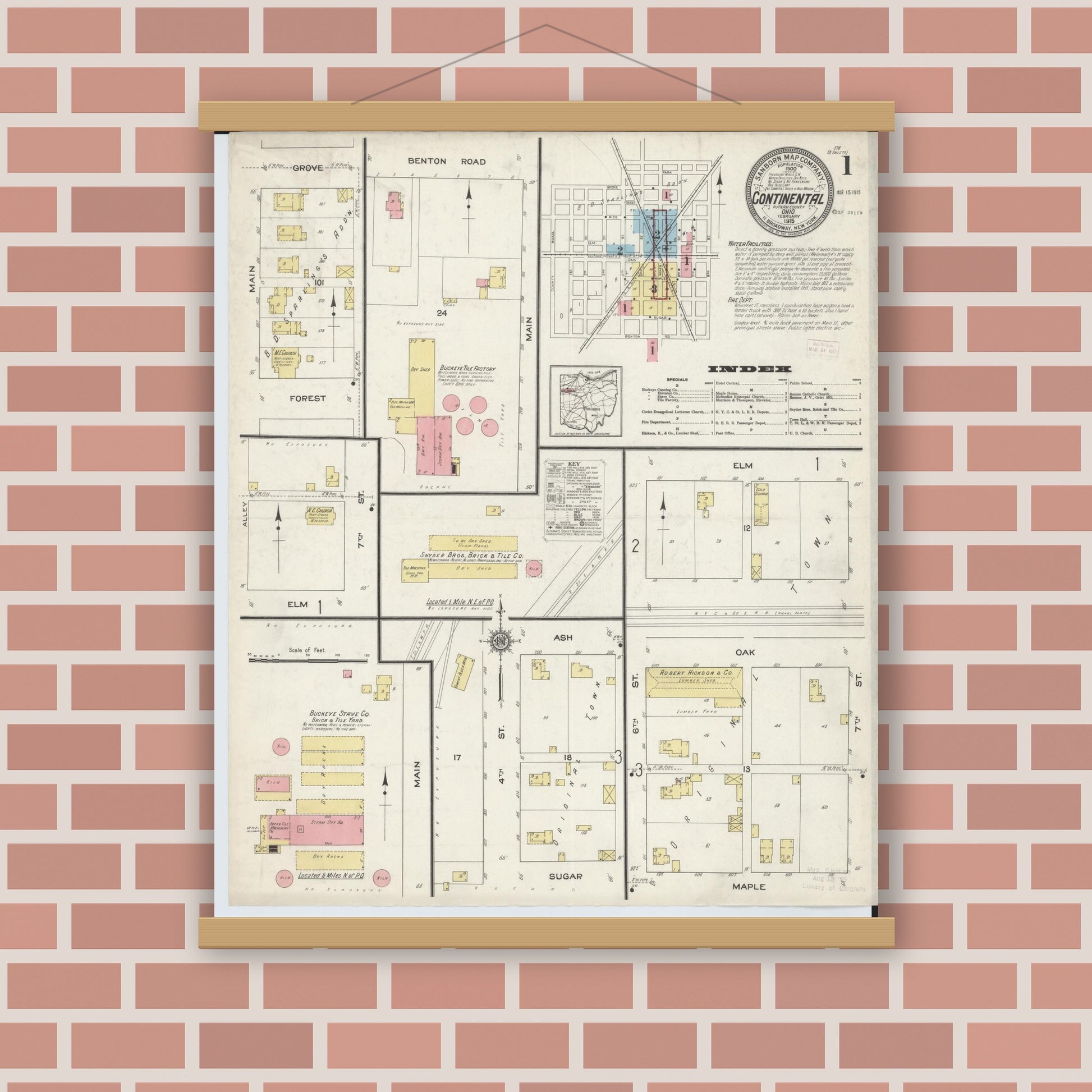 Old map wall art mockup — magnetic wood frame on brick wall — Sanborn Fire Insurance Map from Continental, Putnam County, Ohio (1915), Sheet #0001
