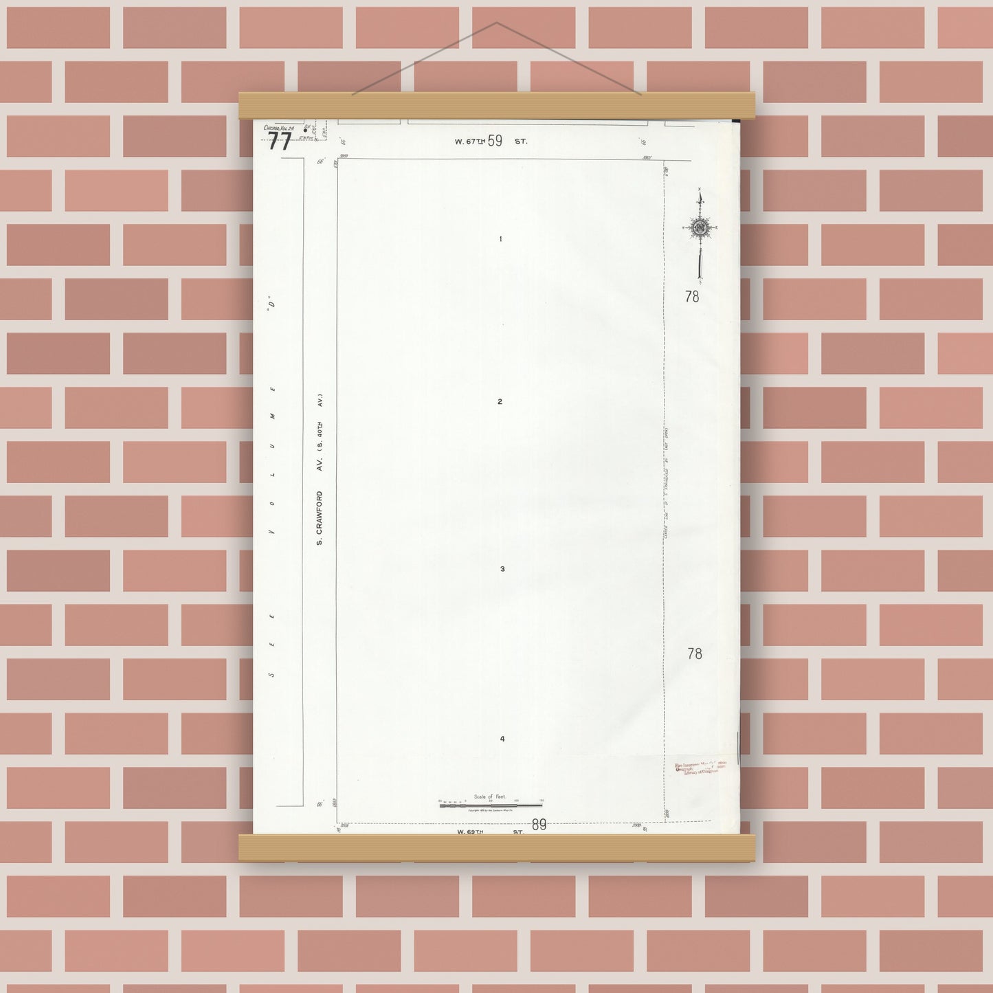 Old map wall art mockup — magnetic wood frame on brick wall — Sanborn Fire Insurance Map from Chicago, Cook County, Illinois (1920), Sheet #0077
