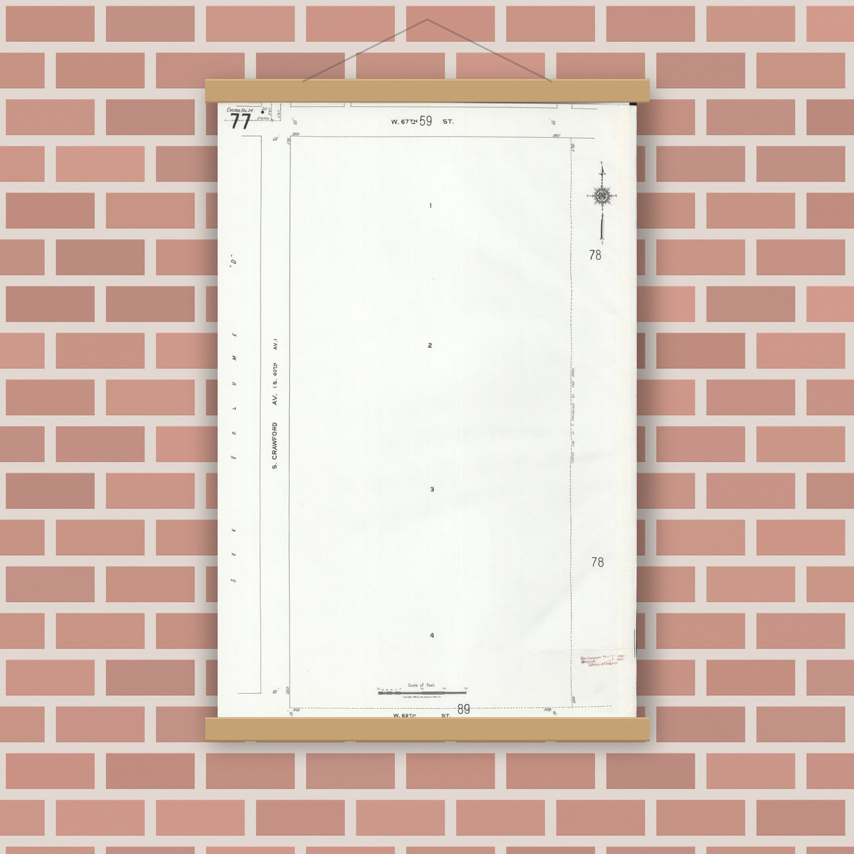 Old map wall art mockup — magnetic wood frame on brick wall — Sanborn Fire Insurance Map from Chicago, Cook County, Illinois (1920), Sheet #0077