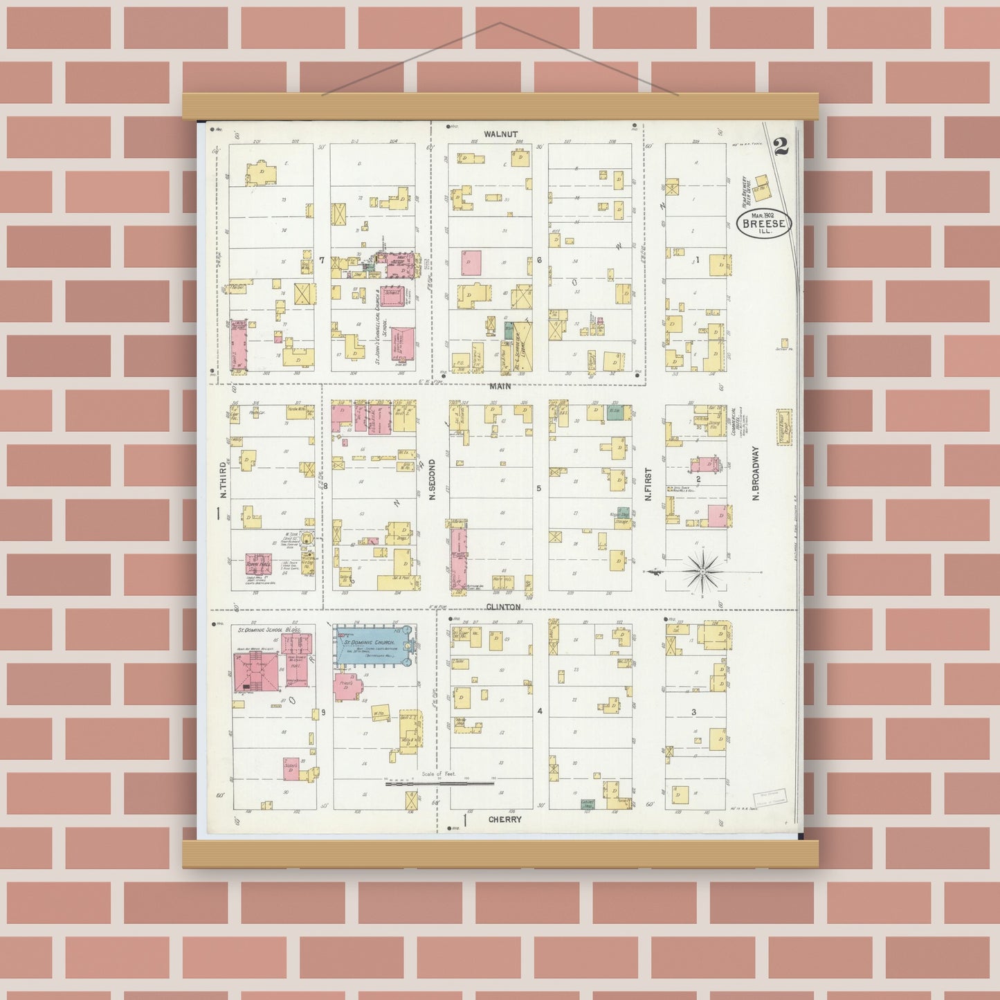 Old map wall art mockup — magnetic wood frame on brick wall — Sanborn Fire Insurance Map from Breese, Clinton County, Illinois (1902), Sheet #0002