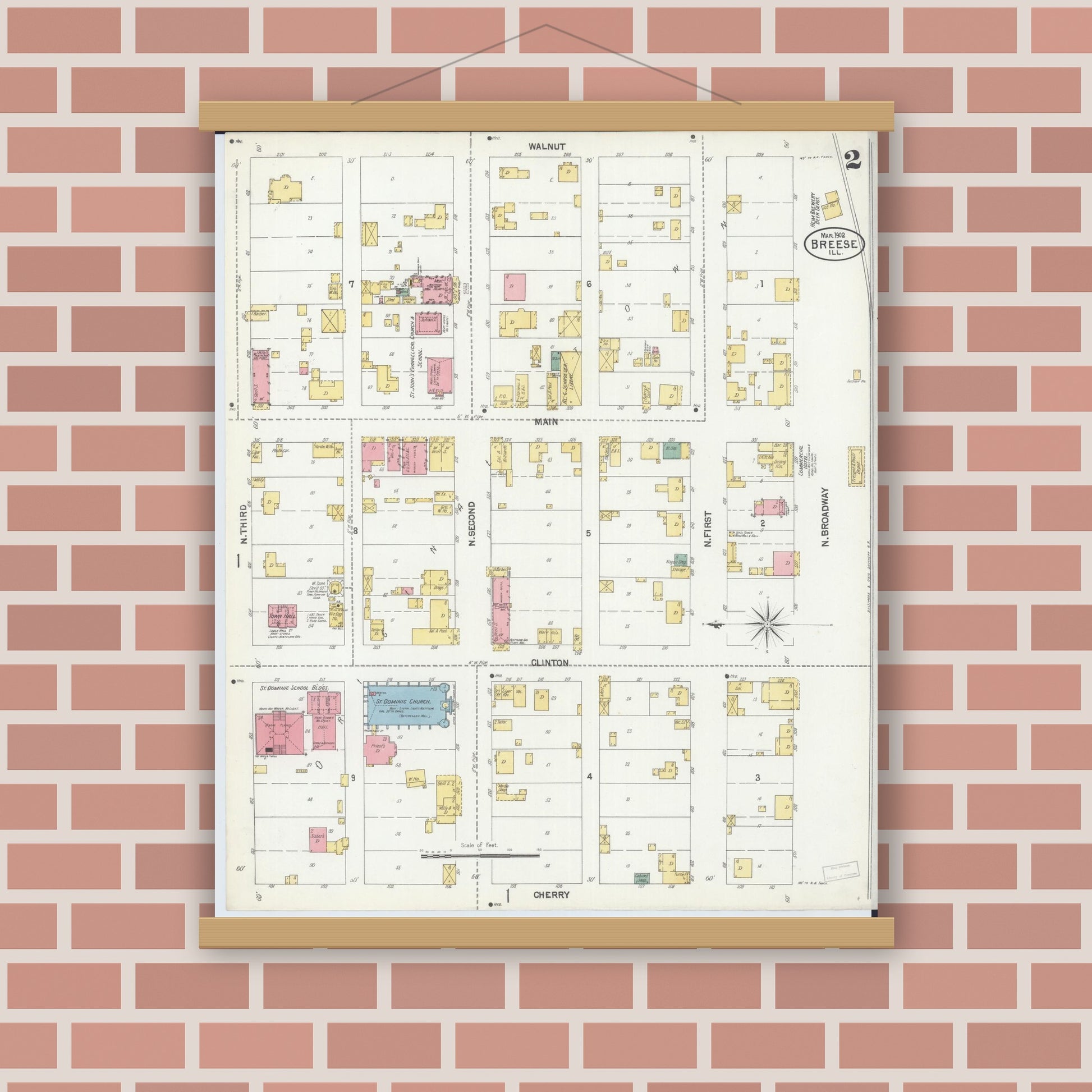 Old map wall art mockup — magnetic wood frame on brick wall — Sanborn Fire Insurance Map from Breese, Clinton County, Illinois (1902), Sheet #0002