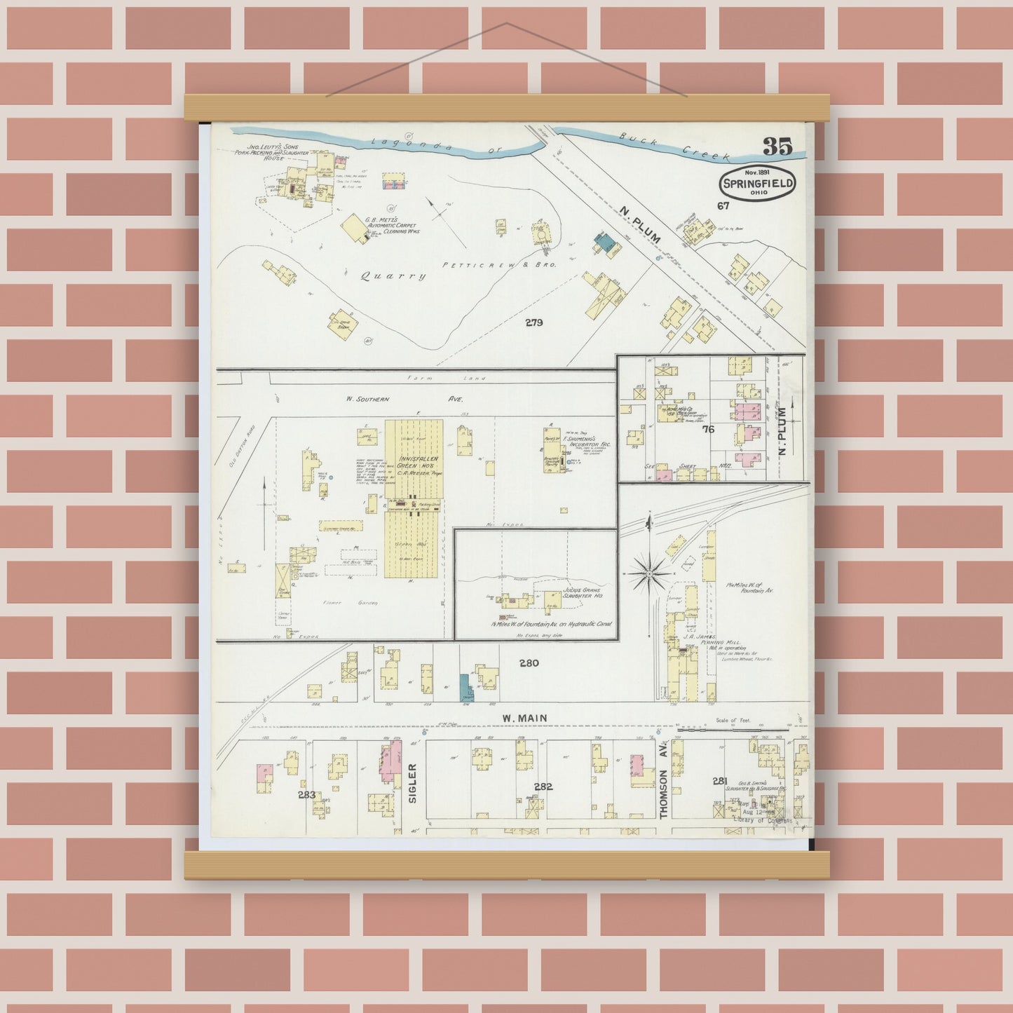 Old map wall art mockup — magnetic wood frame on brick wall — Sanborn Fire Insurance Map from Springfield, Clark County, Ohio (1891), Sheet #0035