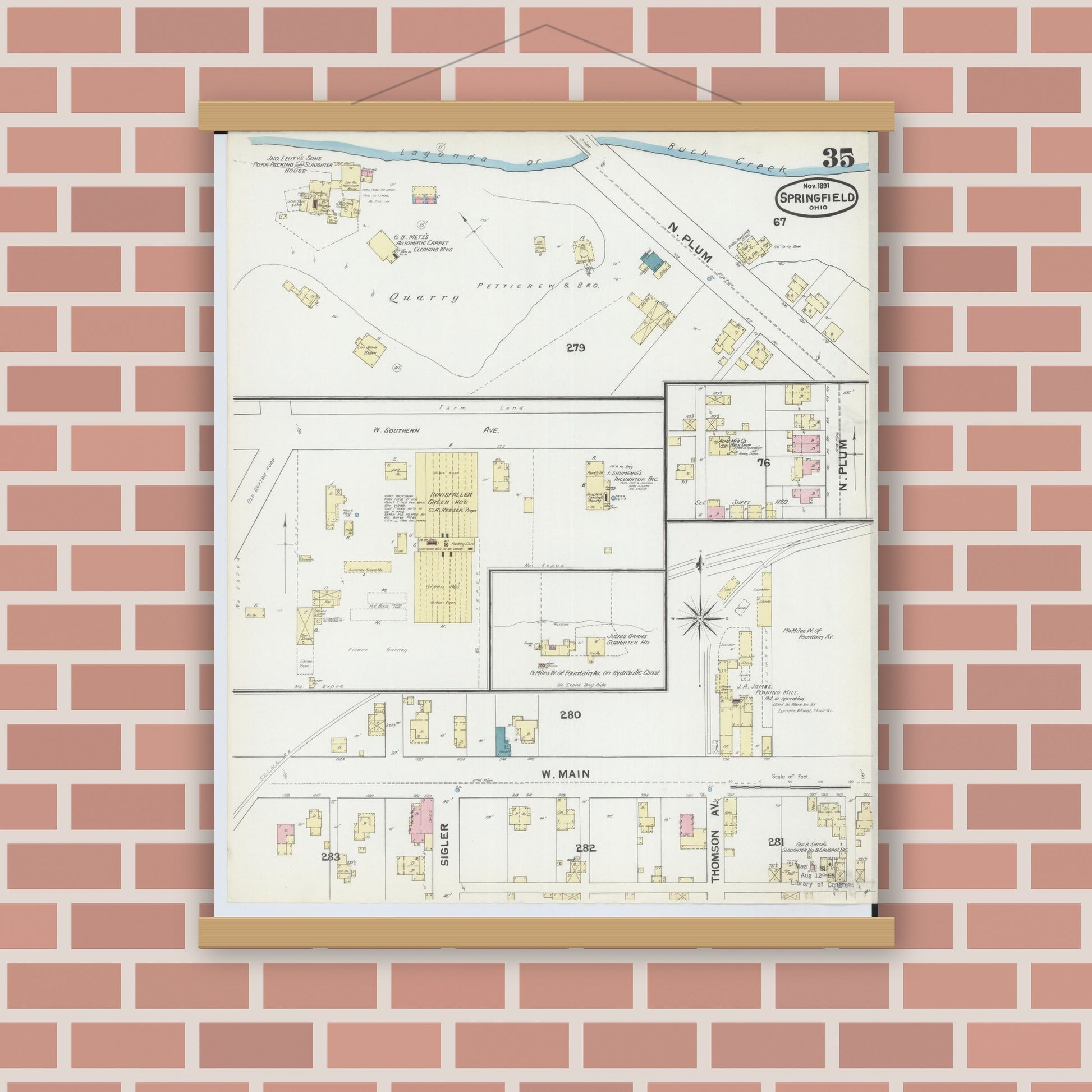 Old map wall art mockup — magnetic wood frame on brick wall — Sanborn Fire Insurance Map from Springfield, Clark County, Ohio (1891), Sheet #0035