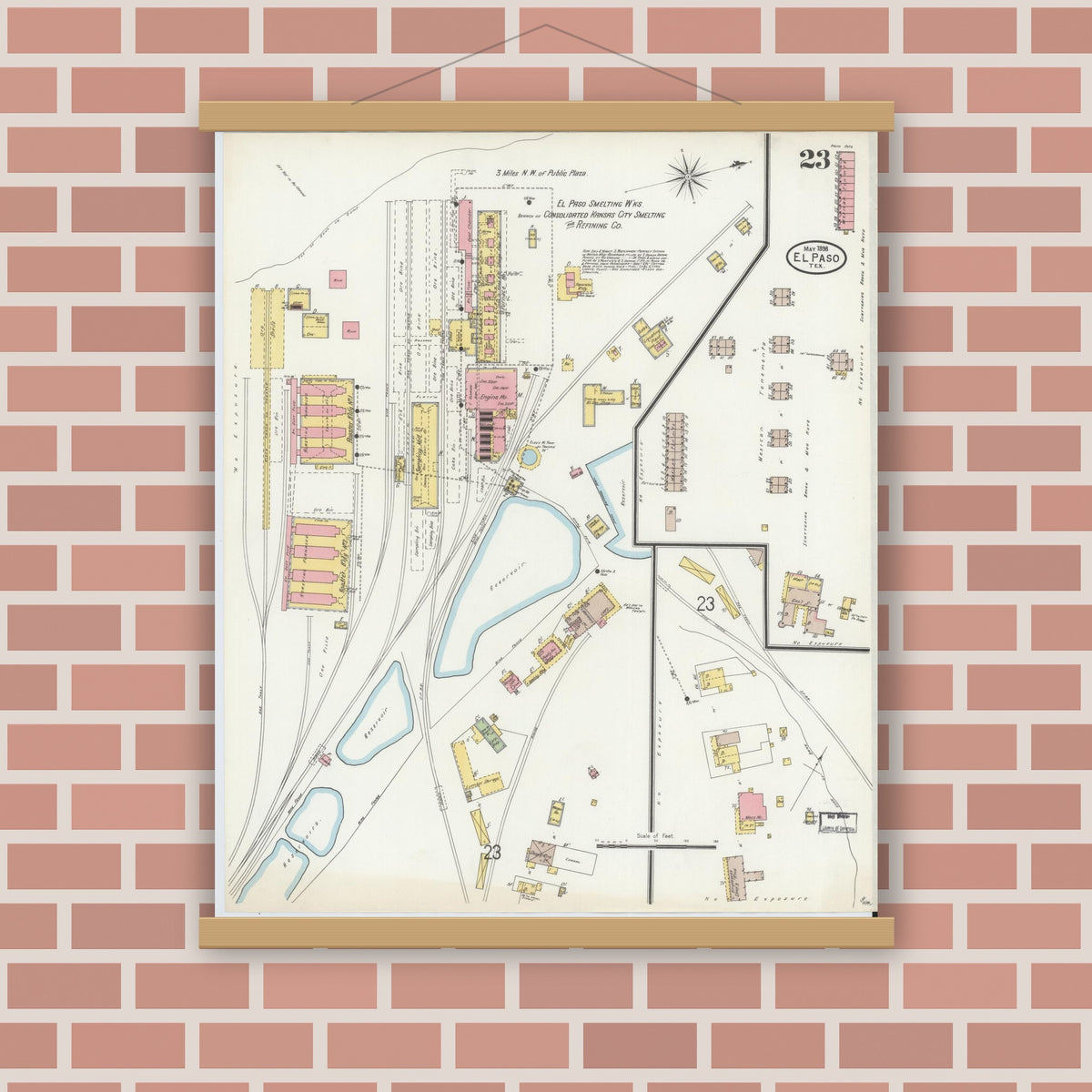 Old map wall art mockup — magnetic wood frame on brick wall — Sanborn Fire Insurance Map from El Paso, El Paso County, Texas (1898), Sheet #0023