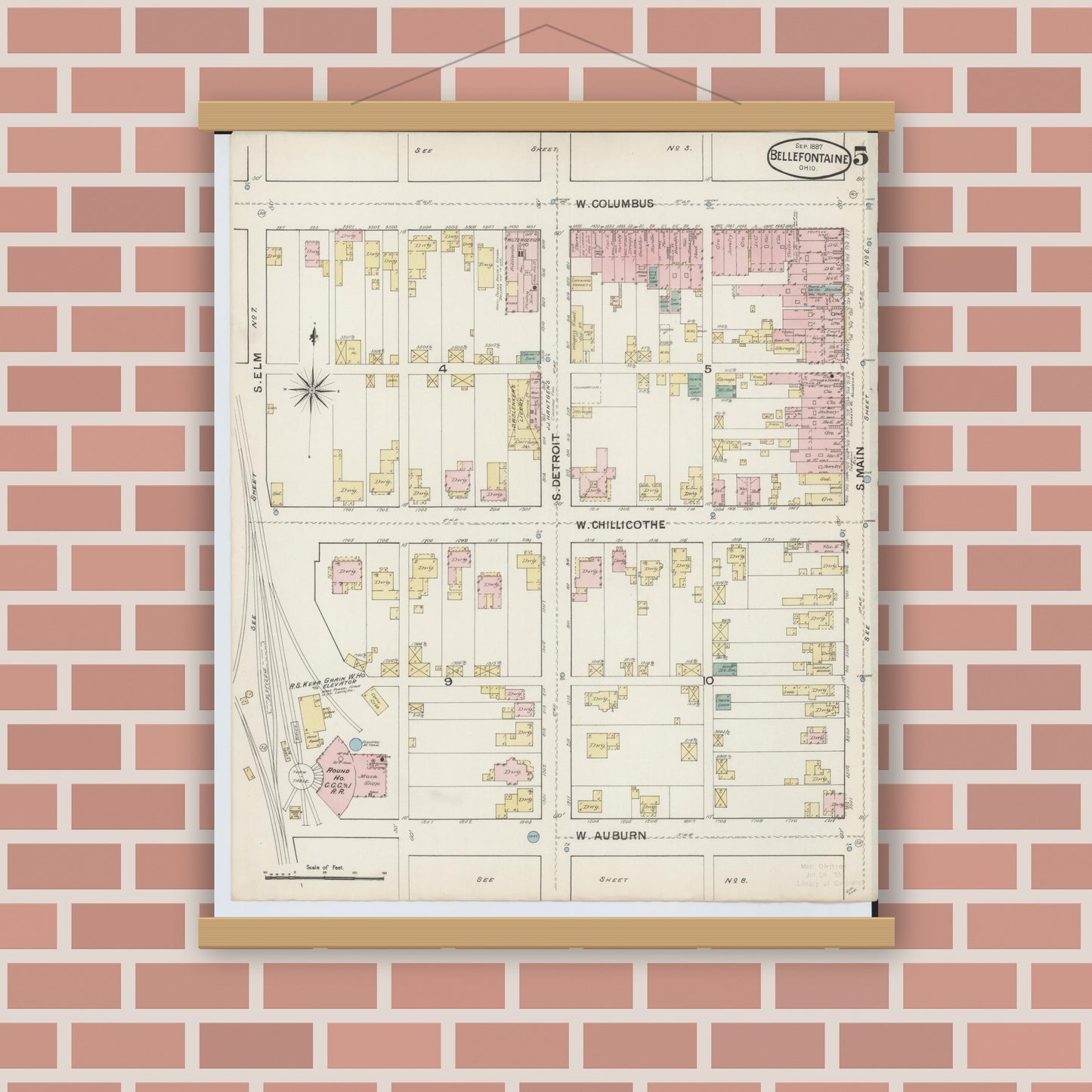 Old map wall art mockup — magnetic wood frame on brick wall — Sanborn Fire Insurance Map from Bellefontaine, Logan County, Ohio (1887), Sheet #0005