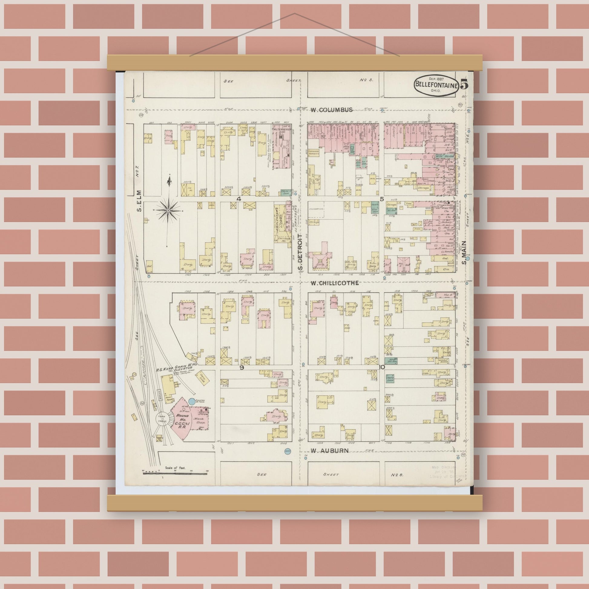 Old map wall art mockup — magnetic wood frame on brick wall — Sanborn Fire Insurance Map from Bellefontaine, Logan County, Ohio (1887), Sheet #0005