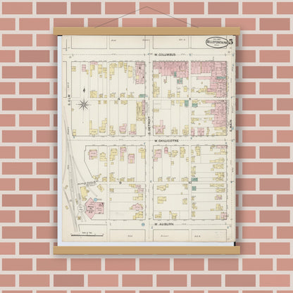 Old map wall art mockup — magnetic wood frame on brick wall — Sanborn Fire Insurance Map from Bellefontaine, Logan County, Ohio (1887), Sheet #0005