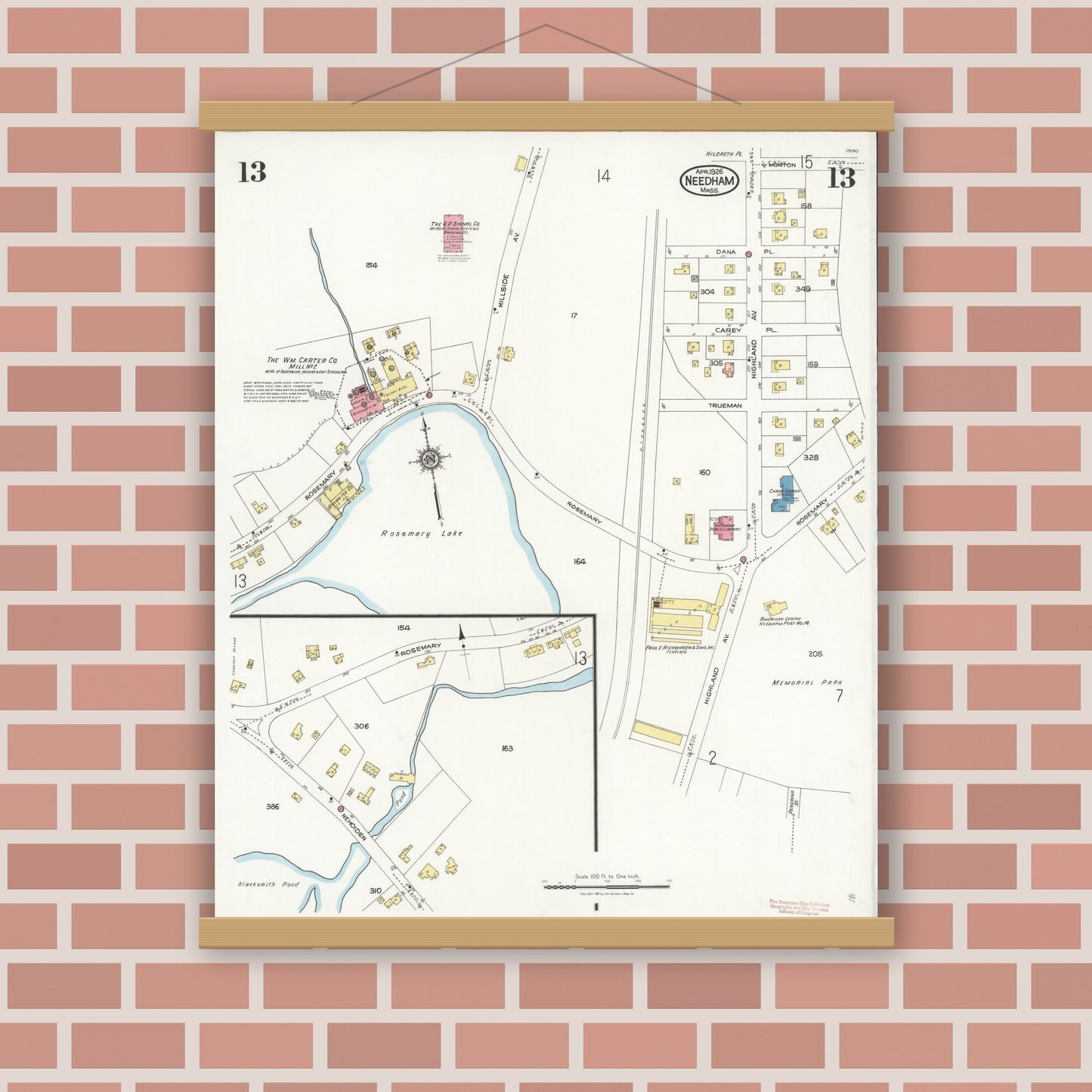 Old map wall art mockup — magnetic wood frame on brick wall — Sanborn Fire Insurance Map from Needham, Norfolk County, Massachusetts (1926), Sheet #0013