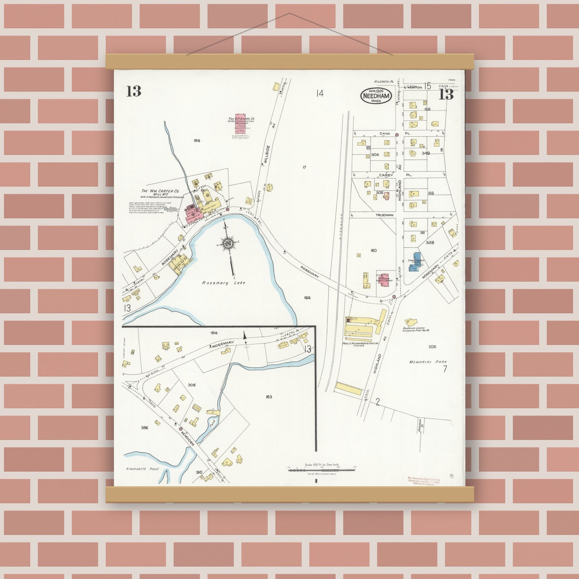 Old map wall art mockup — magnetic wood frame on brick wall — Sanborn Fire Insurance Map from Needham, Norfolk County, Massachusetts (1926), Sheet #0013