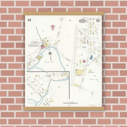 Old map wall art mockup — magnetic wood frame on brick wall — Sanborn Fire Insurance Map from Needham, Norfolk County, Massachusetts (1926), Sheet #0013